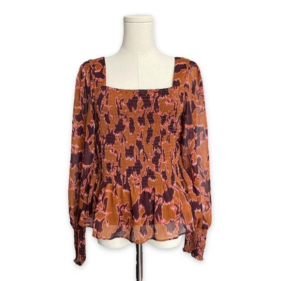 Nine West Square Neck Top Women Size M Orange Smocked Animal Print Peplum Ruffle - Picture 1 of 10